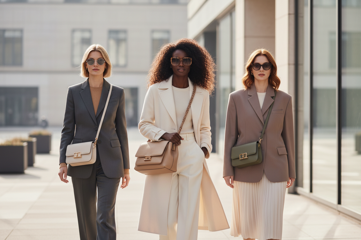 used like a banner: 3 women (1 black between the others) walking in a modern urban setting, wearing a crossbody handbag and sunglasses. Soft natural light, premium fashion aesthetic, neutral tones, minimalistic background, editorial style like Vogue or Polène Paris. The women's head must be positione near the center horizontal line of the landscape, to prevent some "crop"